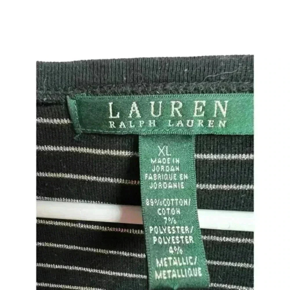 Lauren Ralph Lauren Blouse Black Silver Striped Metallic Button Knit Top Size XL - Picture 2 of 7